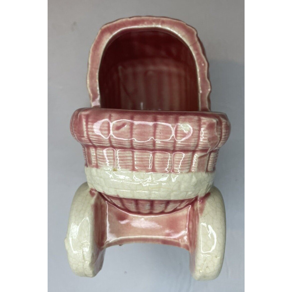 planter baby carriage pink Midcentury american pottery boho USA made small vtg - Picture 3 of 13